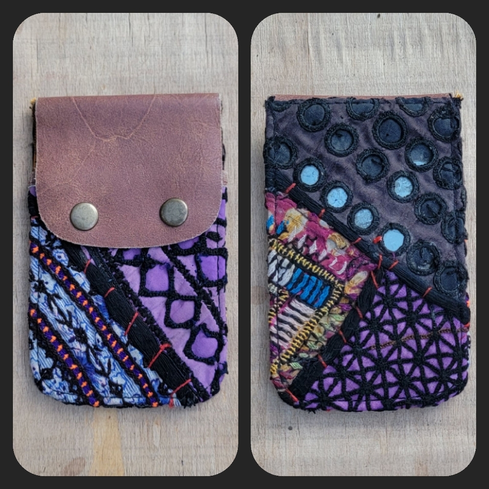 🧠🍳 Free People Boho Embroidered Repurposed vtg banjara hippie Wallet card case